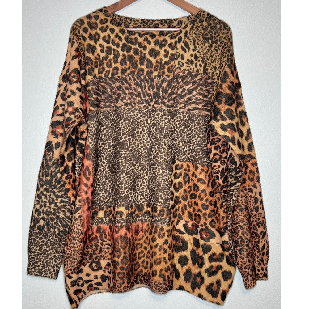 Leopard Animal Print Cotton Wool Patchwork Oversized Tunic Sweater Fuzzy Knit